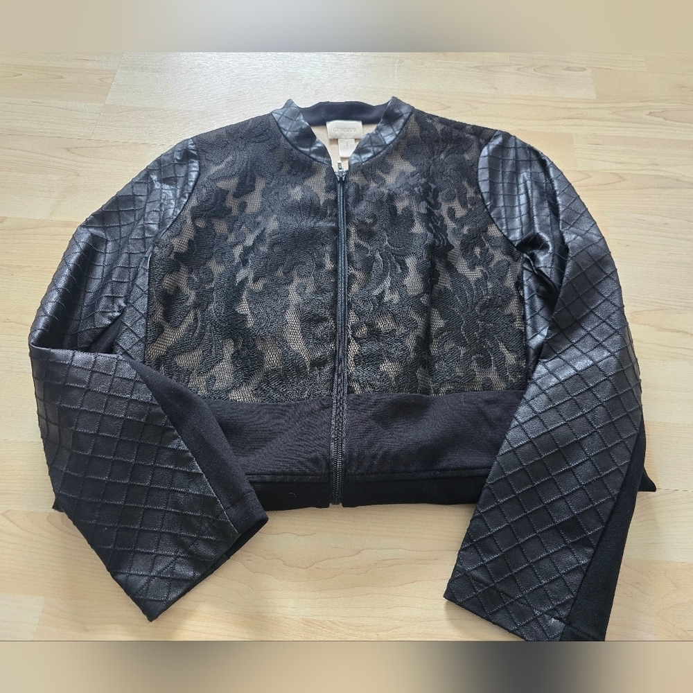 Chicos Vintage Y2K Faux Leather Jacket Black Moto Floral Lace Quilt Size 1